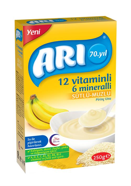 Arı Mama 12 Vitaminli 6 Minaralli Sütlü Muzlu Pirinç Unu 250 gr Kaşık Maması