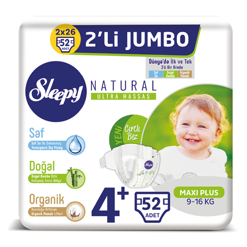 Sleepy Bebek Bezi Naturel Beden:4+ (9-16Kg) Maxi Plus 52 Adet Jumbo