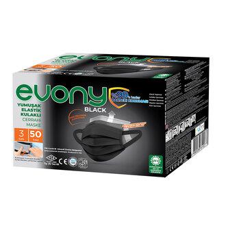 Evony Black 3 Katlı Yumuşak Elastik Kulaklı Siyah 50'li Cerrahi Maske