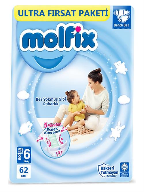 Molfix 6 Numara Extra Large 15 + Kg 62 Adet Ultra Fırsat Paketi Bebek Bezi
