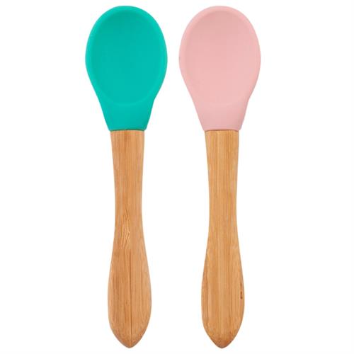 OİOİ Bambu Saplı Silikon 2'li Yeşil-Pembe Mama Kaşığı