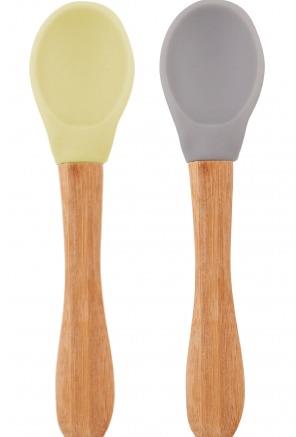 OİOİ Bambu Saplı Silikon 2'li Gri-Sarı Mama Kaşığı