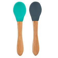 Oioi Silikon Mama Kaşığı 2'Li Bambu Saplı Aqua Green/Deep Blue