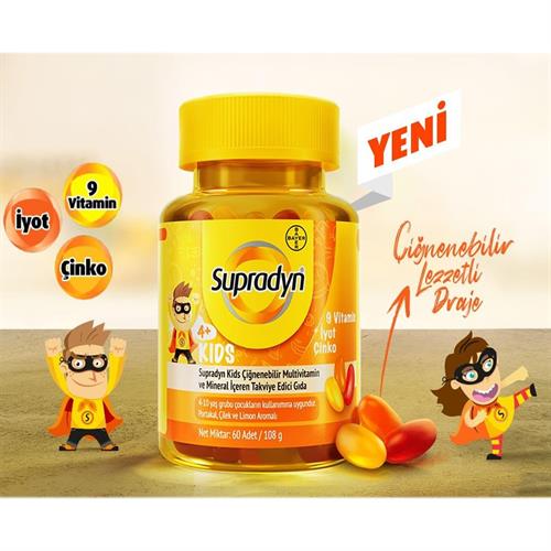 Supradyn Kids Çiğnenebilir Multivitamin Ve Mineral Portakal, Çilek ve Limon Aromalı 60 Tablet