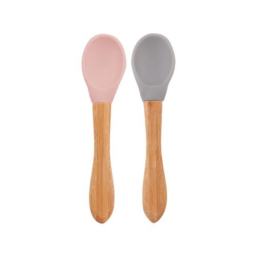 Oioi Silikon Mama Kaşığı 2'Li Bambu Saplı Pinky Pink - Powder Grey