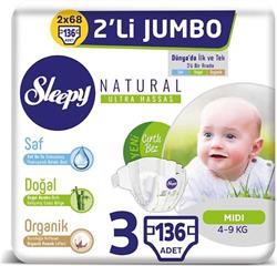 Sleepy Natural Bebek Bezi İkili Jumbo 3 Numara 136 Adet 4-9 Kg