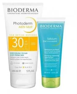 Bioderma Photoderm AKN Mat Spf 30 150ml + Bioderma Sebium Foaming Gel 100ml | Yağlı ve Akneli Ciltler Akneli Yağlı Ciltler için Güneş Kremi Bioderma